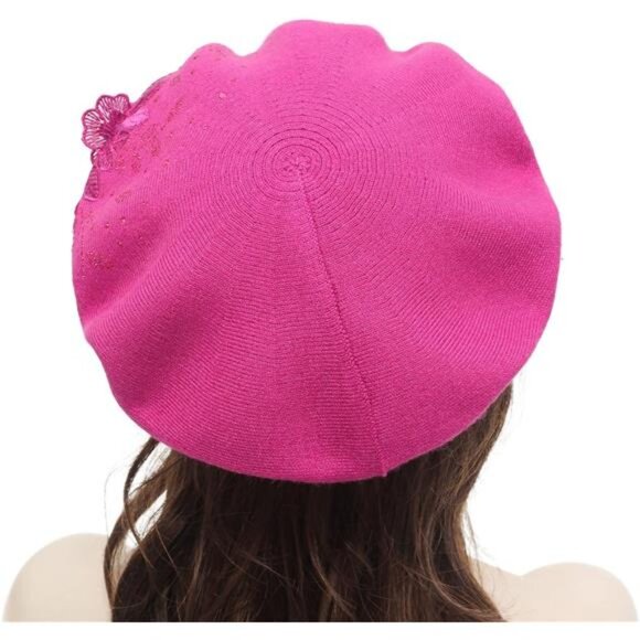 Womens French Beret hat Flower Medium Violet Red - Picture 3 of 6
